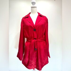 Chico’s Red Textured 100% Silk Lightweight Belted Waist Trench Coat Size 1/M